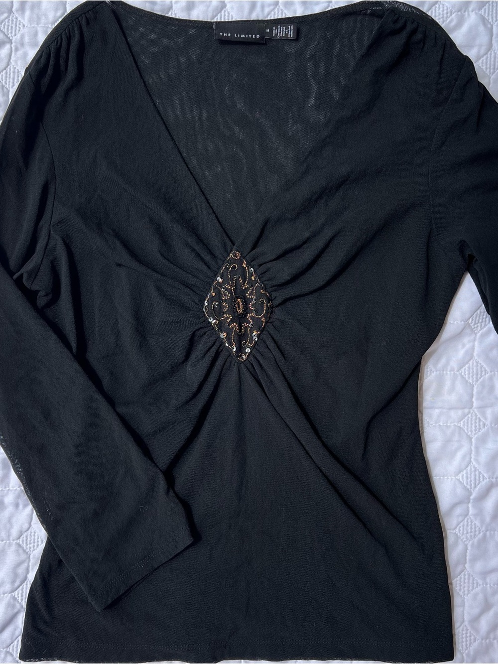 The Limited Sheer Black Embellished Sequined V-Neck Top – Medium – Like New